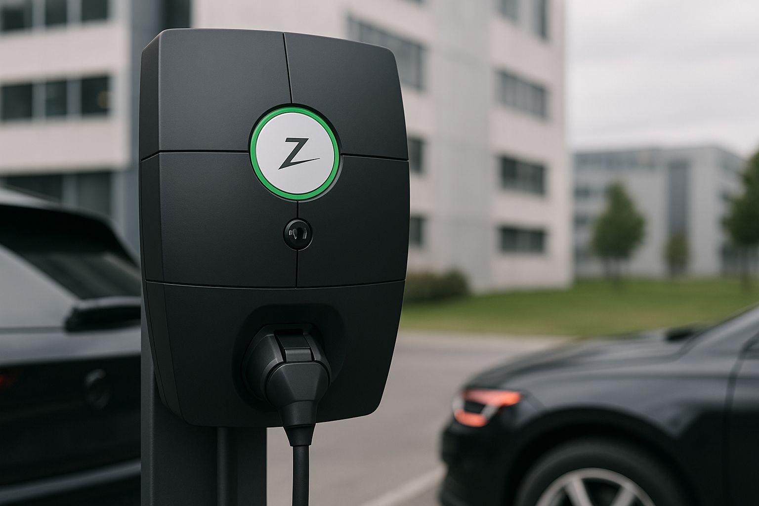 Sähköautojen latausasemia rivissä teollisuusalueella, yksi Zaptec Pro -laturi esillä.